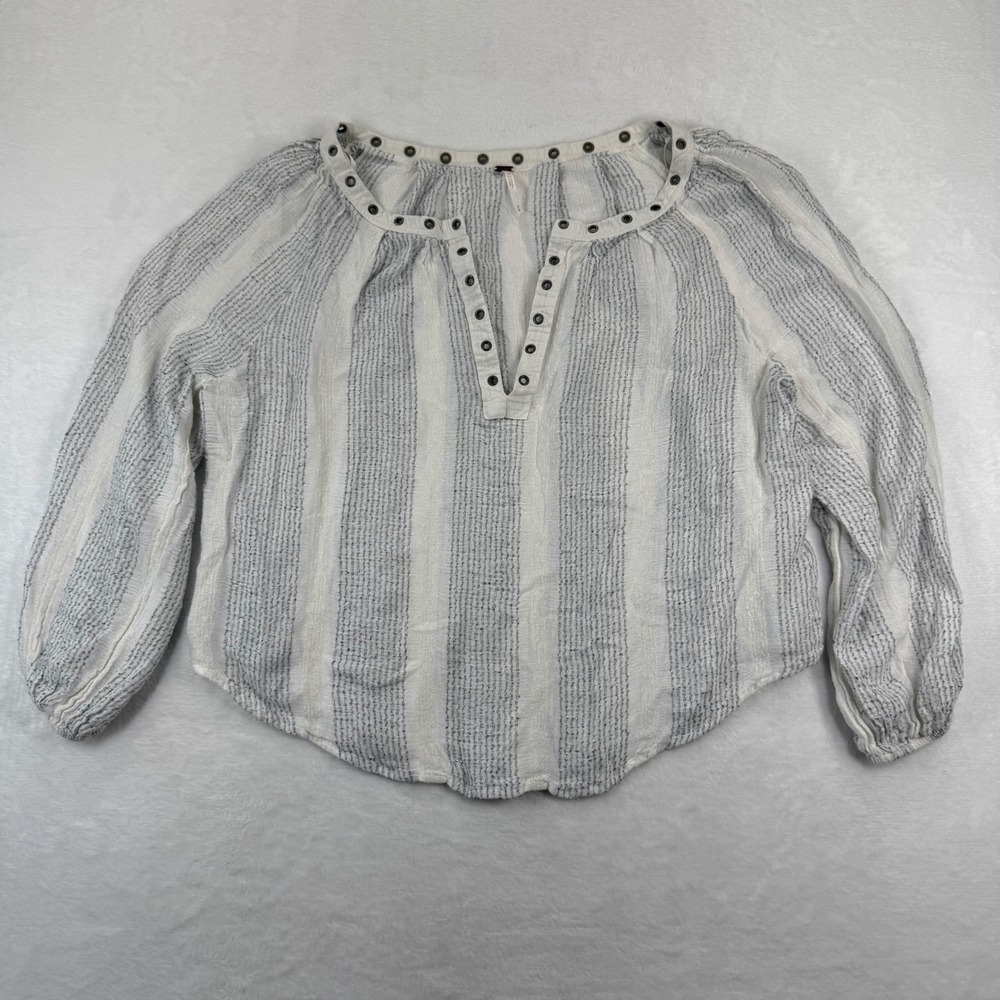 Free People White Grey Metallic Striped Grommet Split Neck Blouse Top Womens M